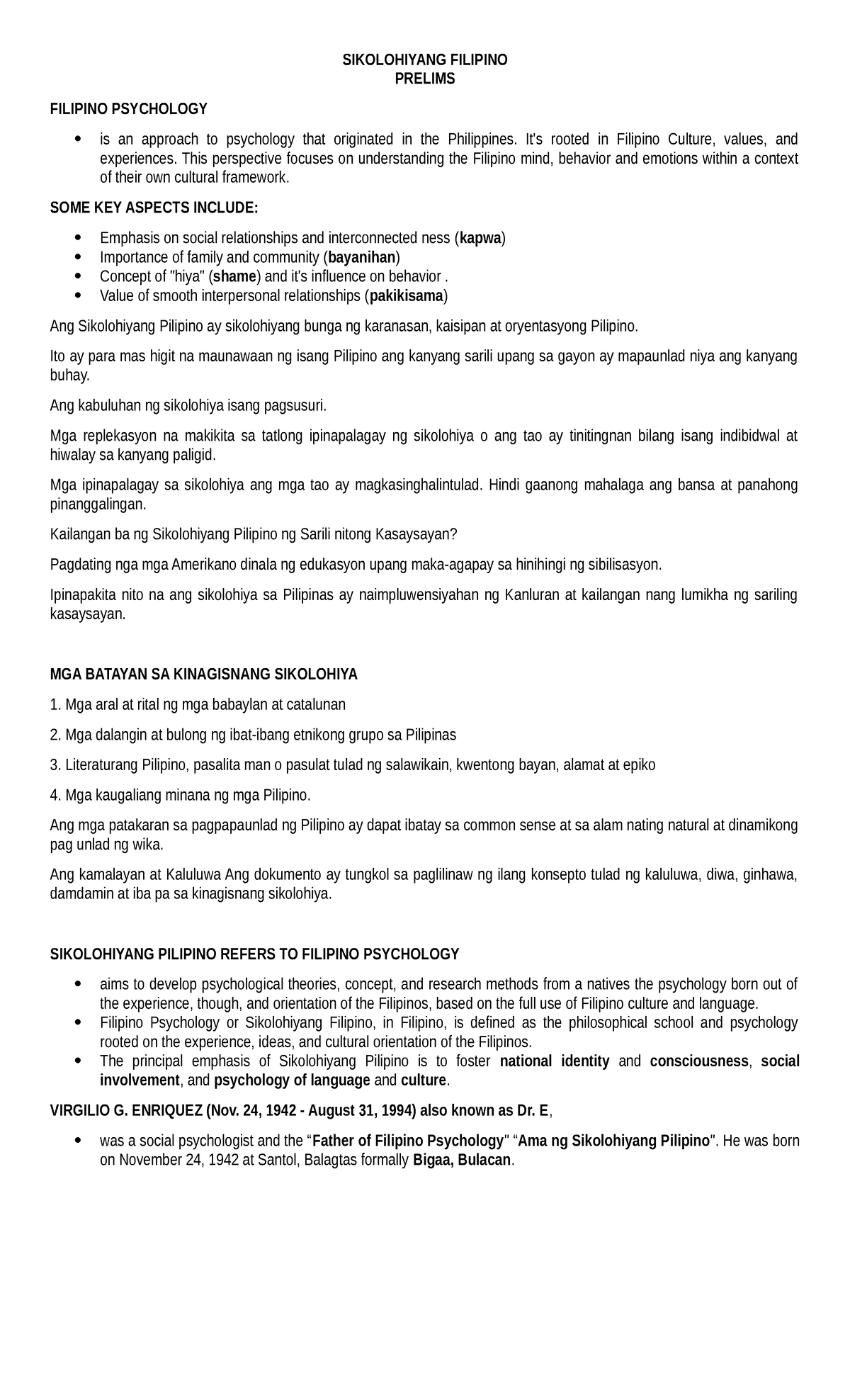 Sikolohiyang Pilipino: Prelims Notes on Filipino Psychology - Studocu