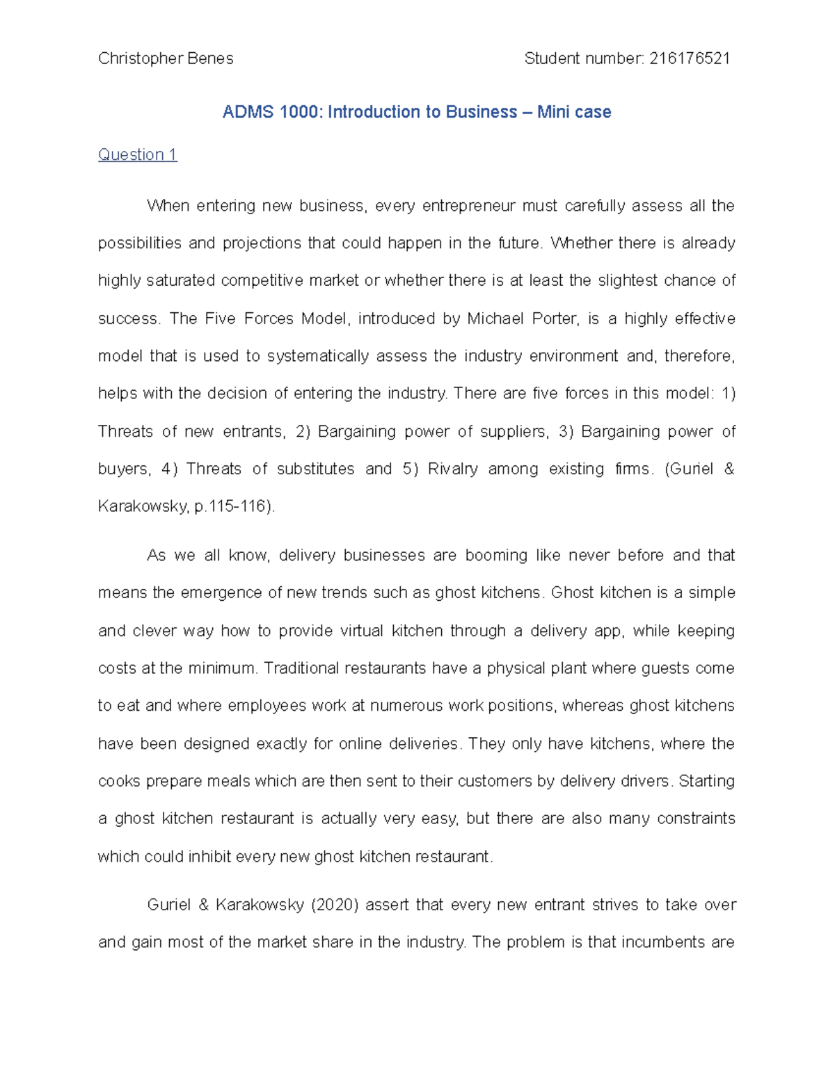 Mini case - ADMS 1000 - ADMS 1000: Introduction to Business – Mini case ...