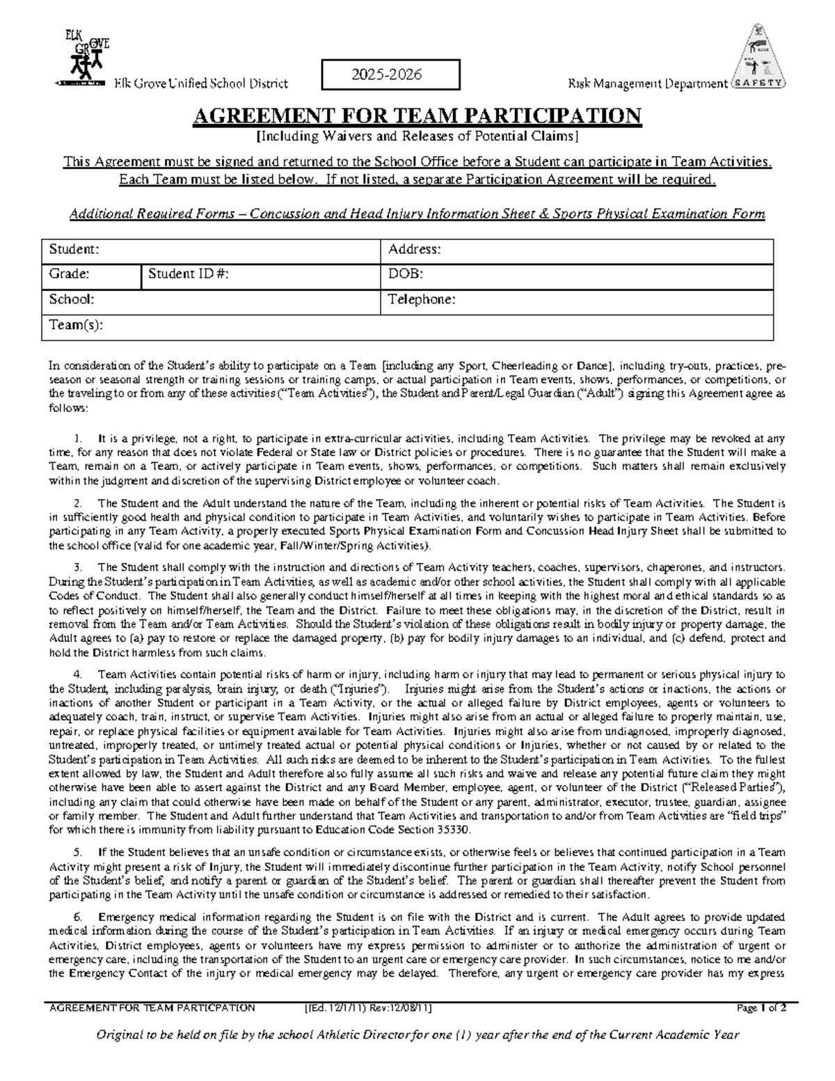 2025-26 Team Participation Agreement and Waiver Form - Studocu