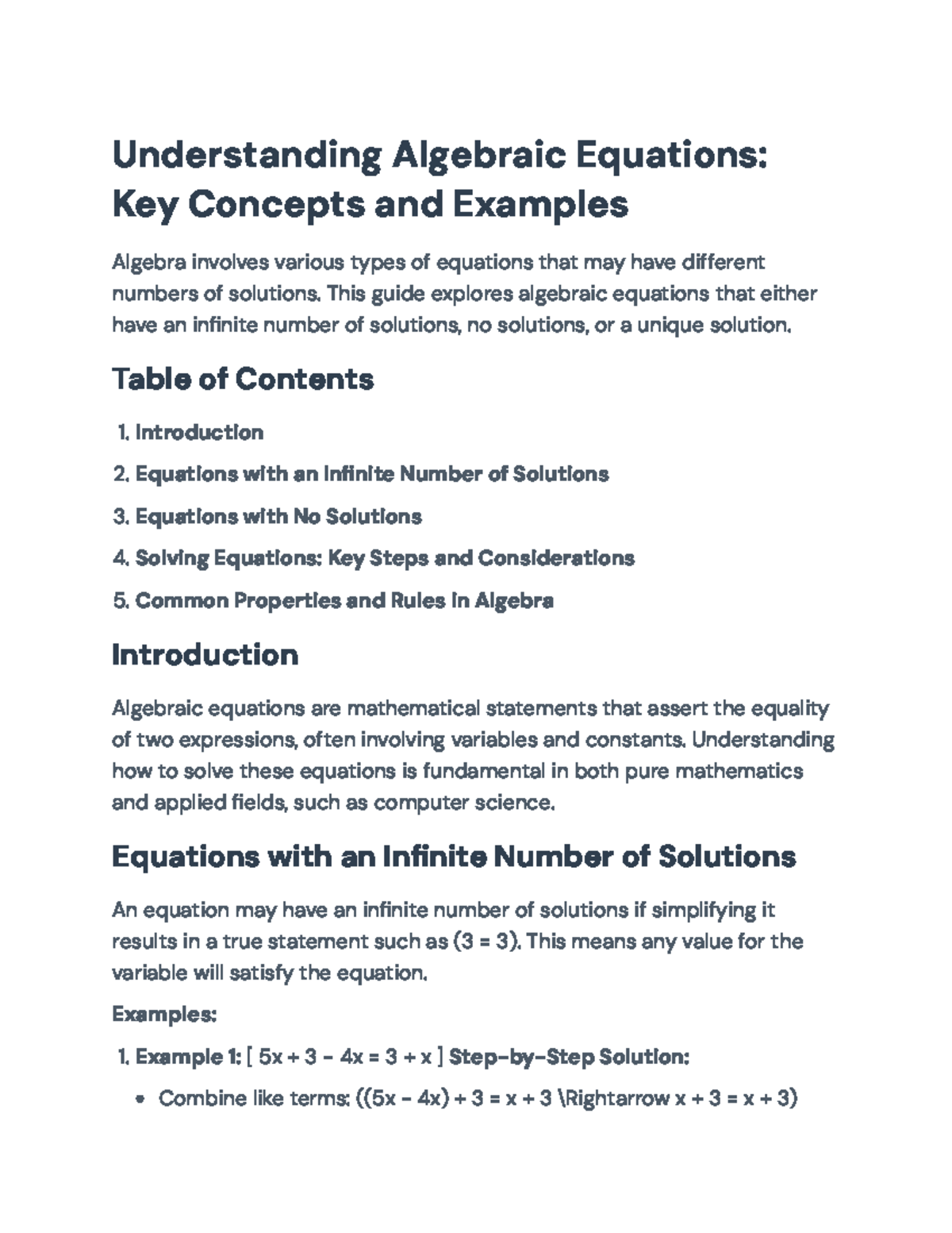 Understanding Algebraic Equations: Infinite, Unique, and No Solutions ...
