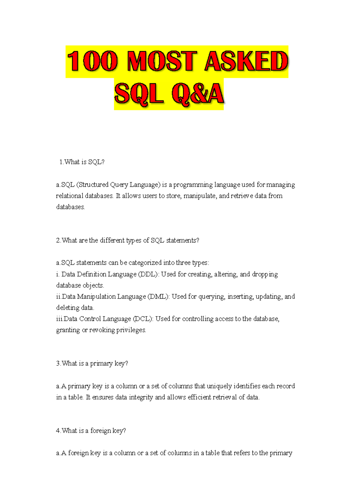 100 Most Asked SQL Questions - Comprehensive Guide - Studocu