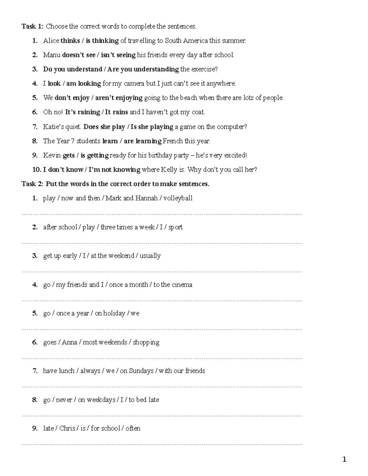 Unit 1 - Task 1: Complete the Sentences & Word Order Exercises - Studocu