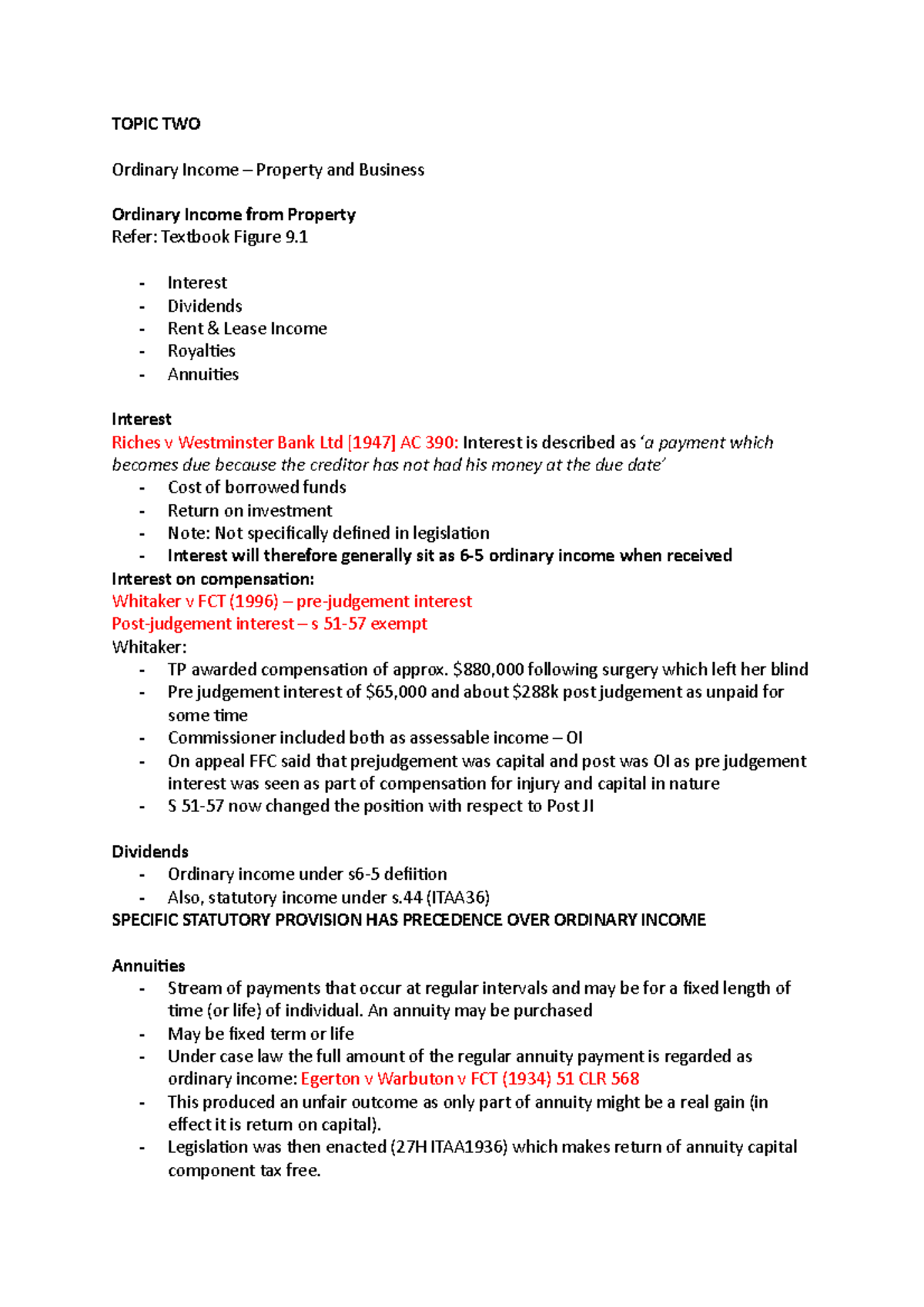 Lecture Notes Topics 2-4 - TOPIC TWO Ordinary Income – Property and ...