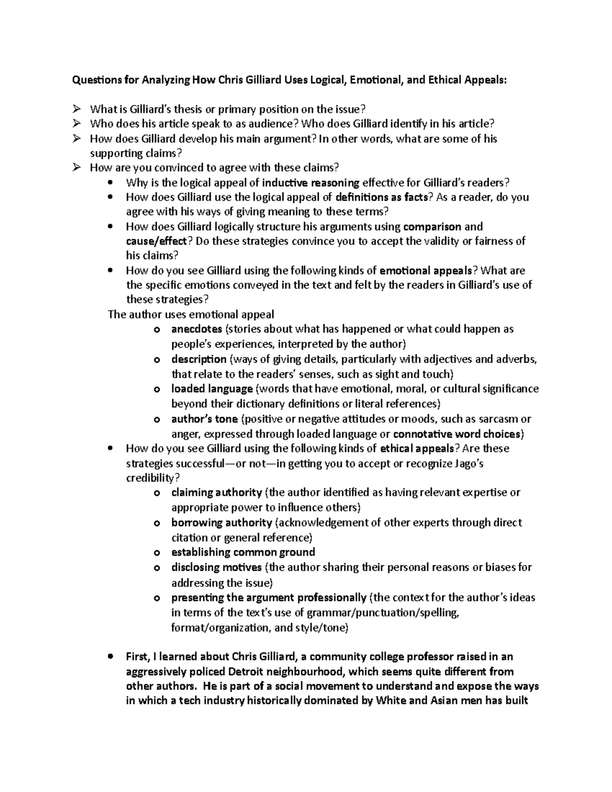 WRIT 106 Questions for Analyzing Gilliard's Use of Appeals. Analysis ...
