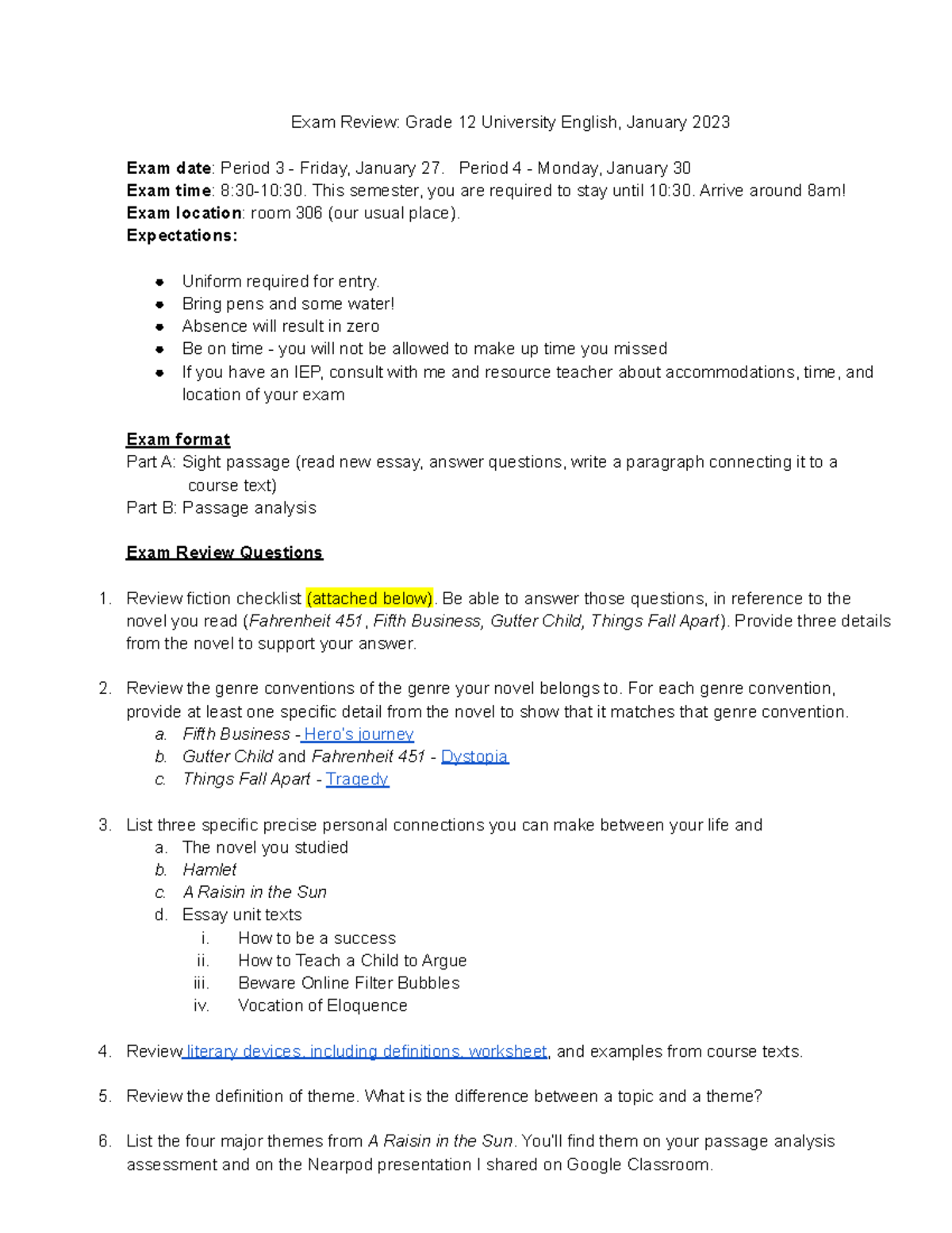 Grade 12 ENG 4U Exam Review Guide - January 2023 - Studocu