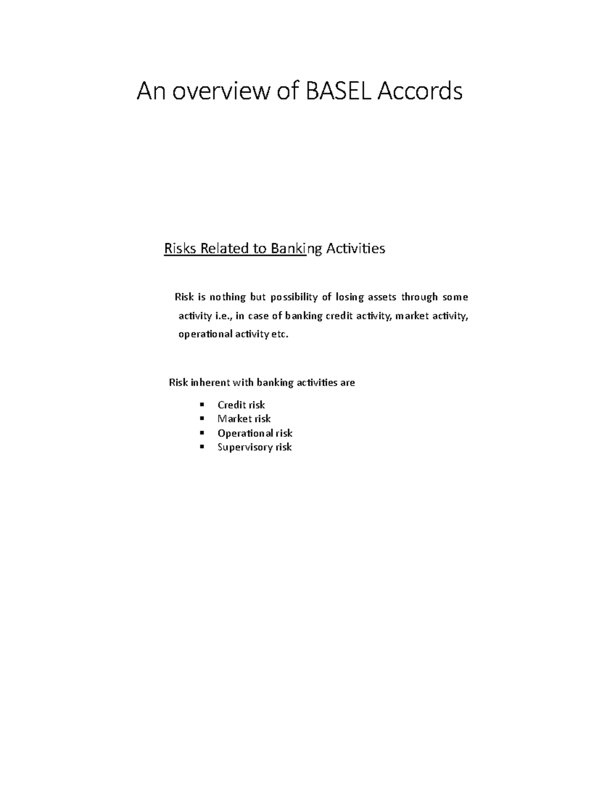 Basel Accords: Risks in Banking Activities and Capital Adequacy - Studocu