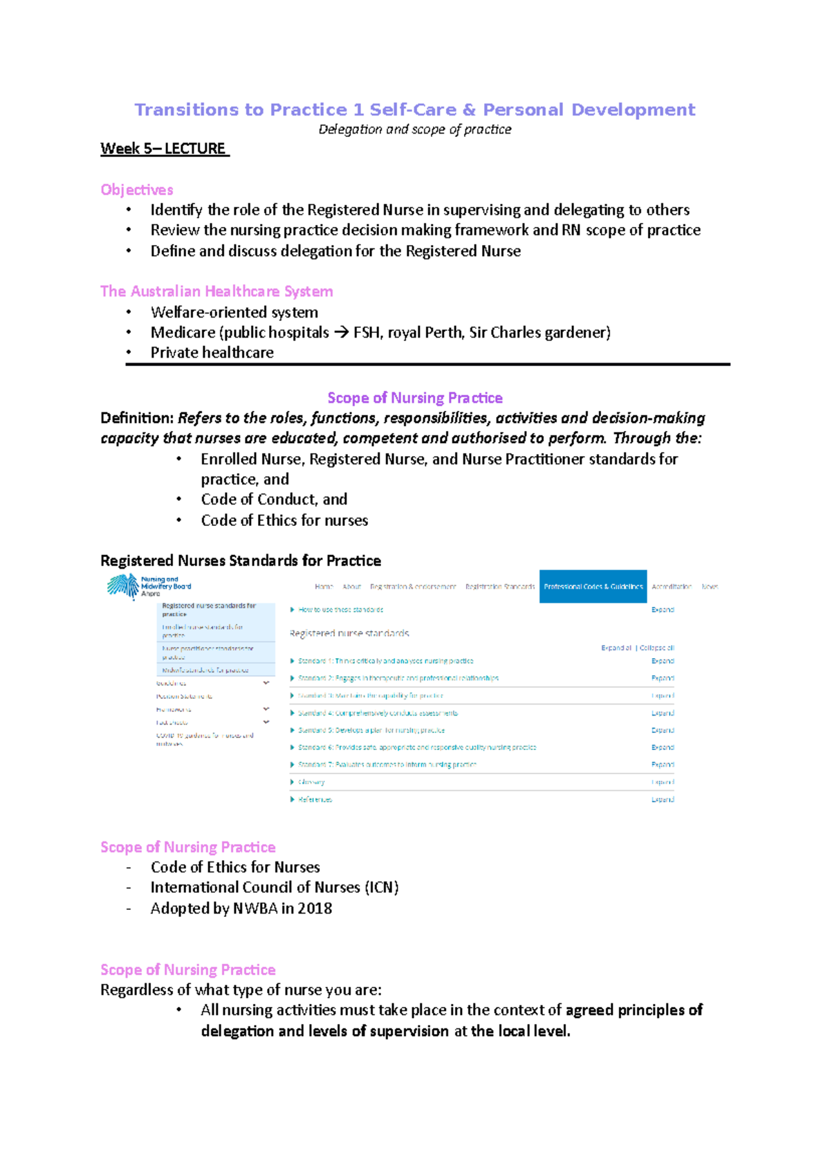 WK 5 - LECTURE Notes on Delegation and Nursing Scope of Practice - Studocu