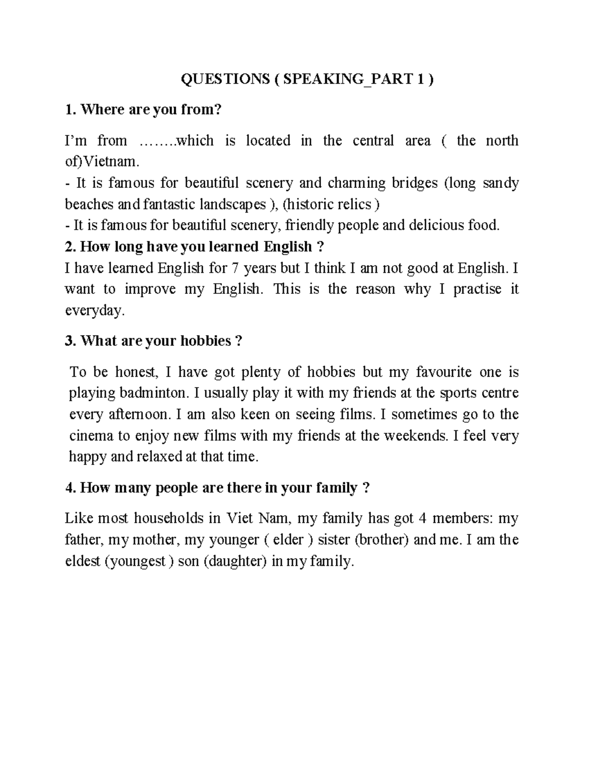 Speaking Part 1 Questions for English Practice (ENG101) - Studocu