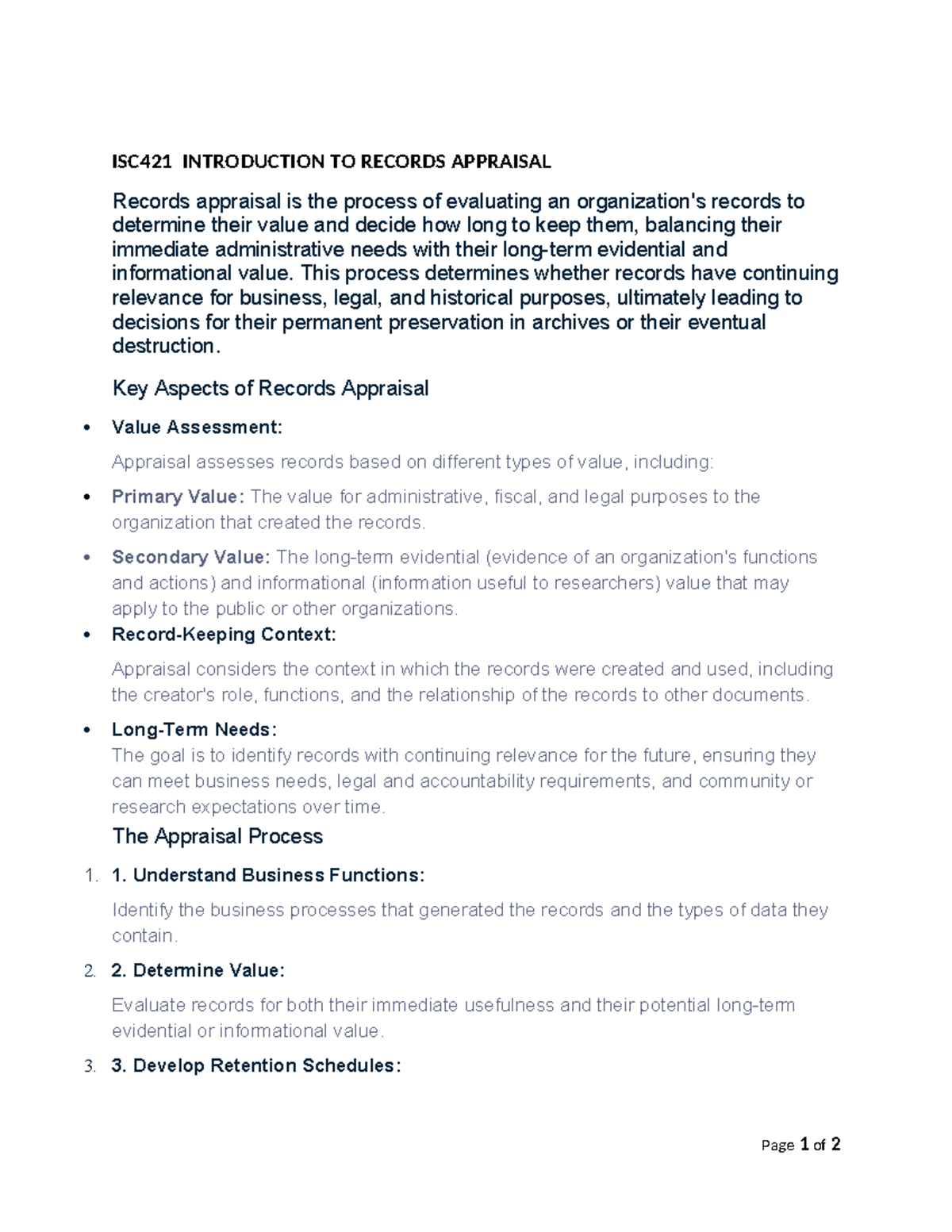 ISC421 Final Exam Notes: Understanding Records Appraisal Process - Studocu