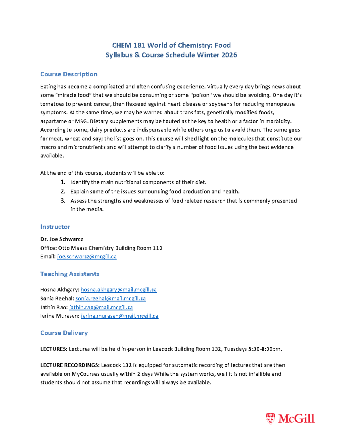 CHEM 181 World of Chemistry: Food Syllabus Winter 2026 - Studocu
