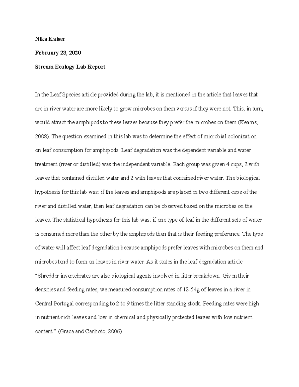 Bio-Stream Ecology Lab Report - Nika Kaiser February 23, 2020 Stream ...