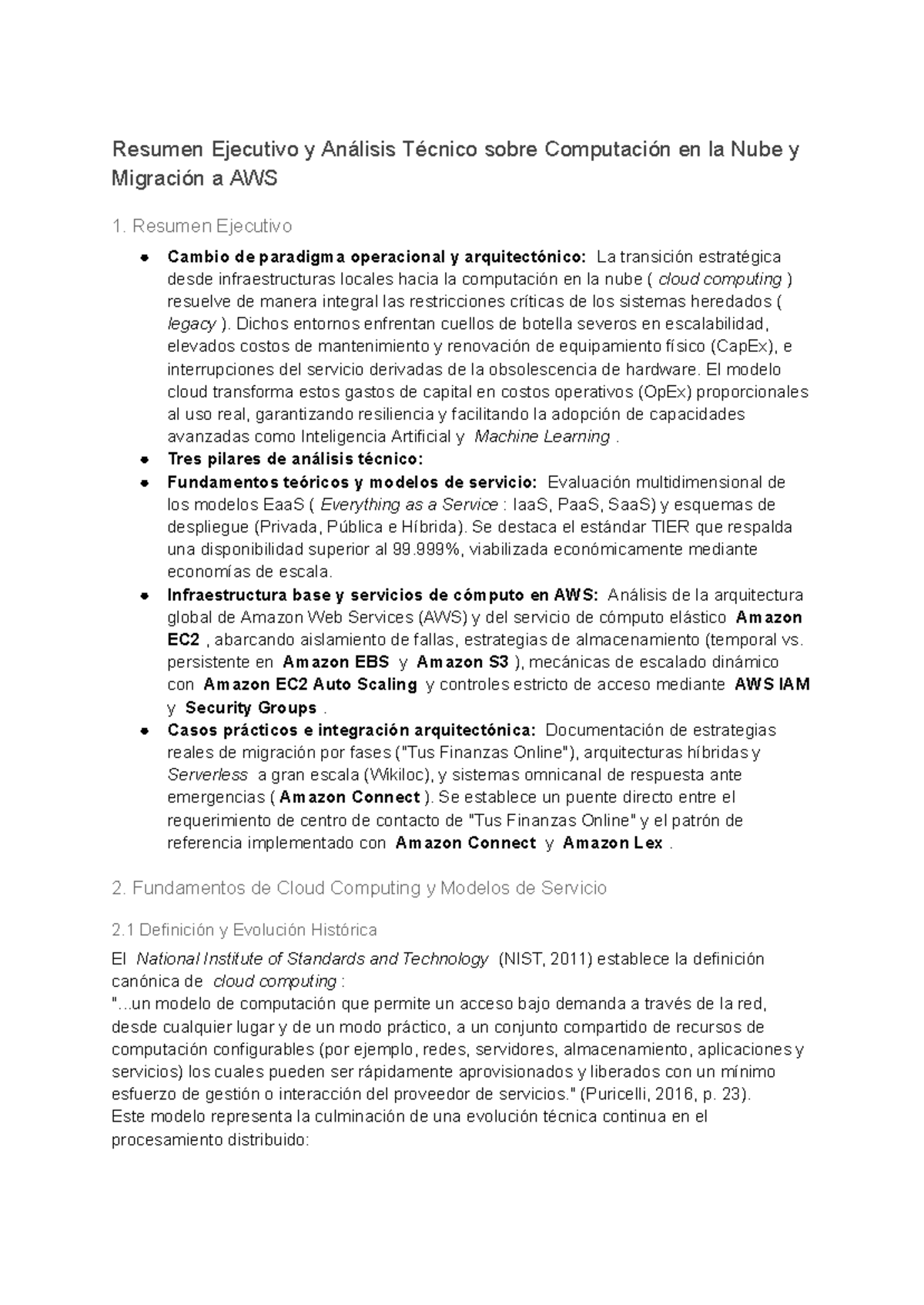 Resumen Ejecutivo y Análisis Técnico sobre Cloud Computing y AWS - Studocu