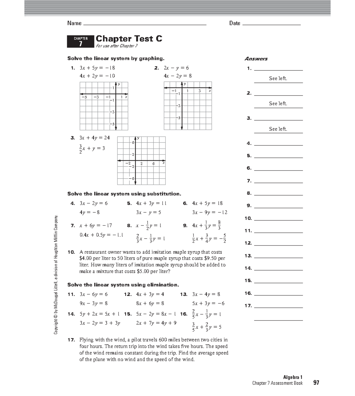 Algebra 1 CHAPTER 7 Test C: Linear Systems Assessment - Studocu
