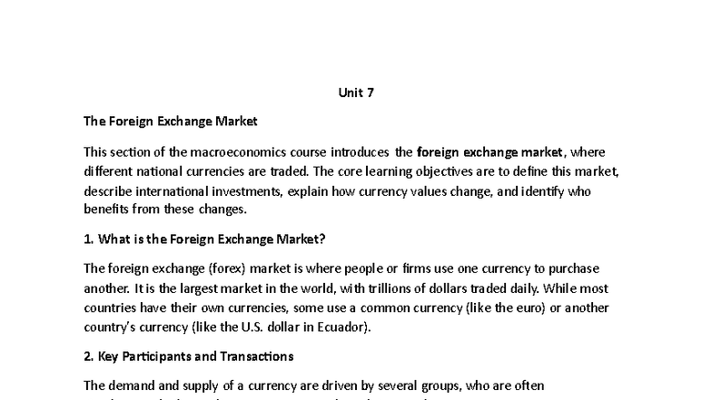 Unit 7 - The Foreign Exchange Market Overview (BUS 1104) - Studocu