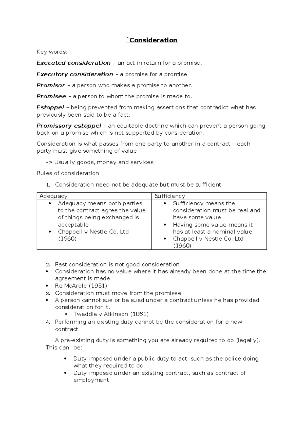 Law 101: Notes on Consideration in Contract Law Principles - Studocu