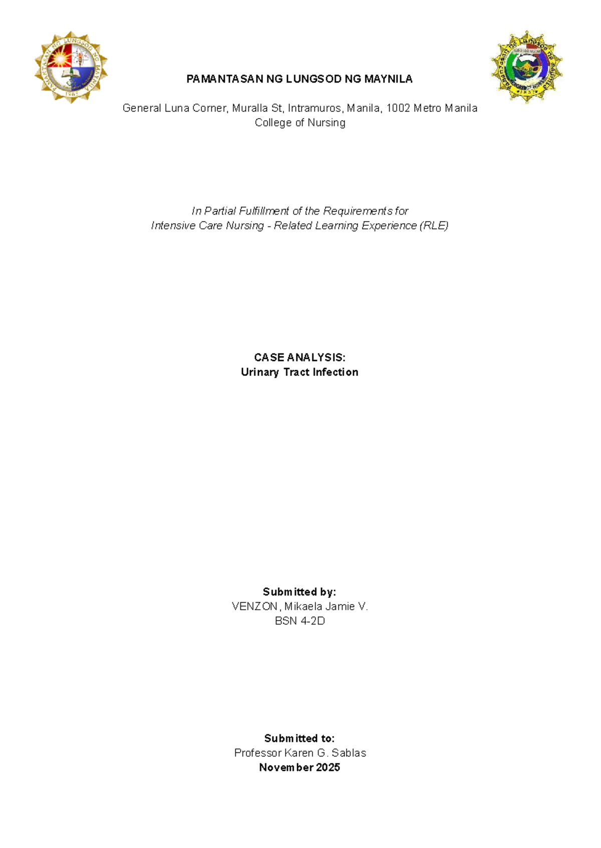 Case Study: Urinary Tract Infection Analysis (ICN RLE) - Studocu