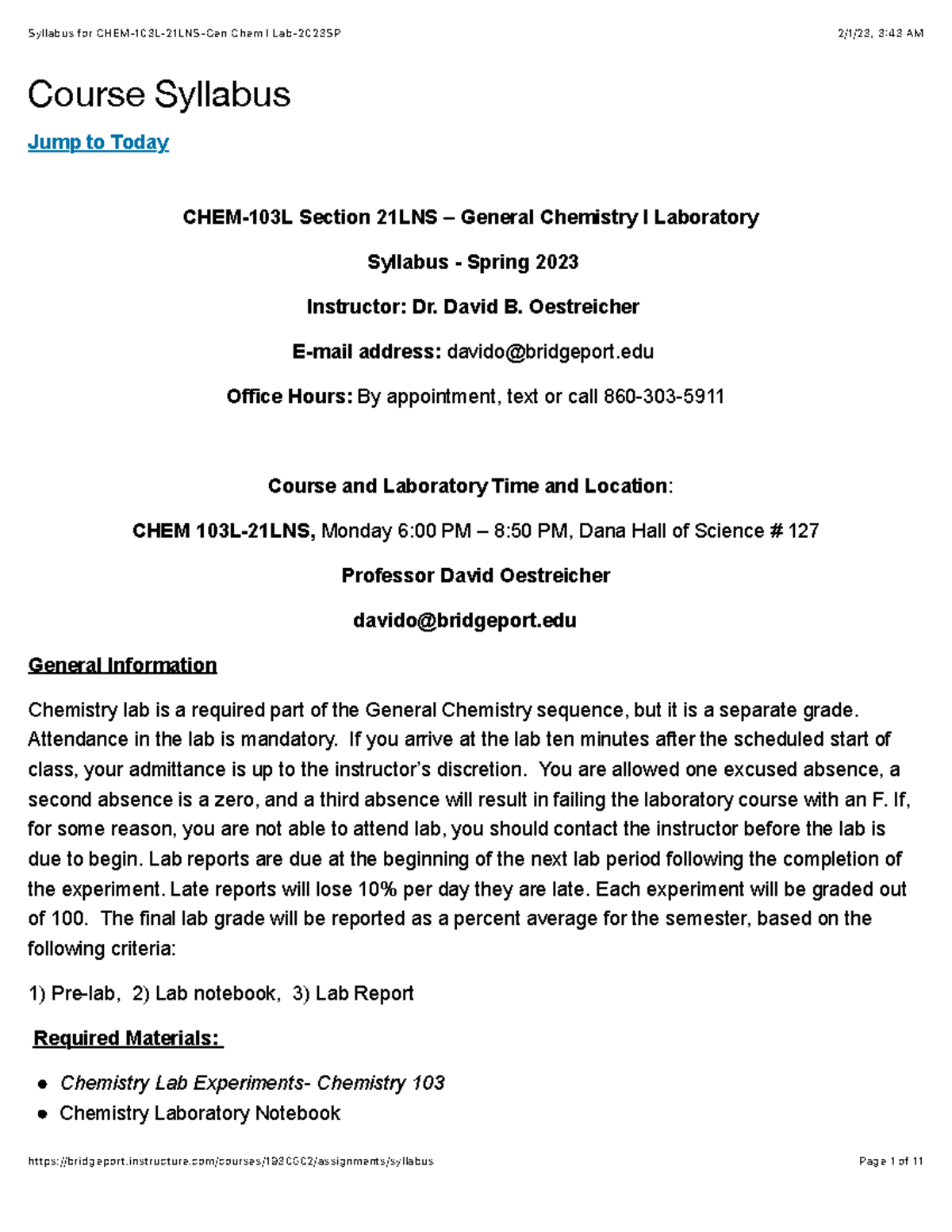 Syllabus for CHEM-103L-21LNS General Chem I Lab Spring 2023 - Studocu