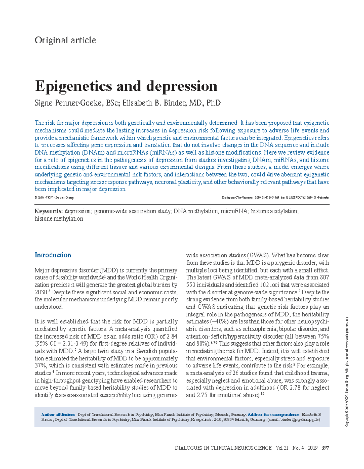 Epigenetics and Major Depression: Insights from Recent Research ...