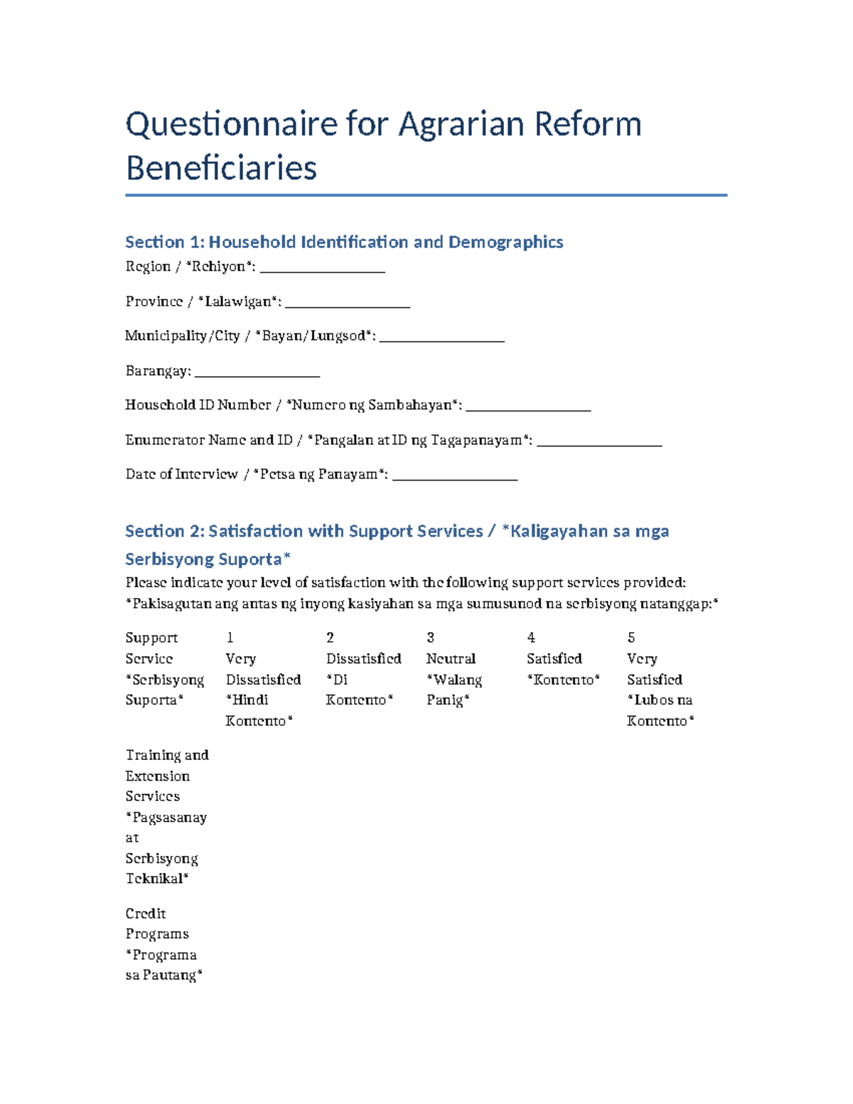 Agrarian reform questionnaire: Household identification and ...