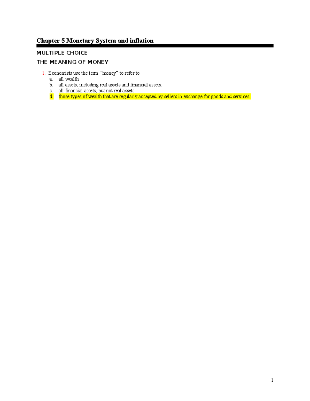 Chapter 5: Monetary System & Inflation MCQs (2022) - Studocu