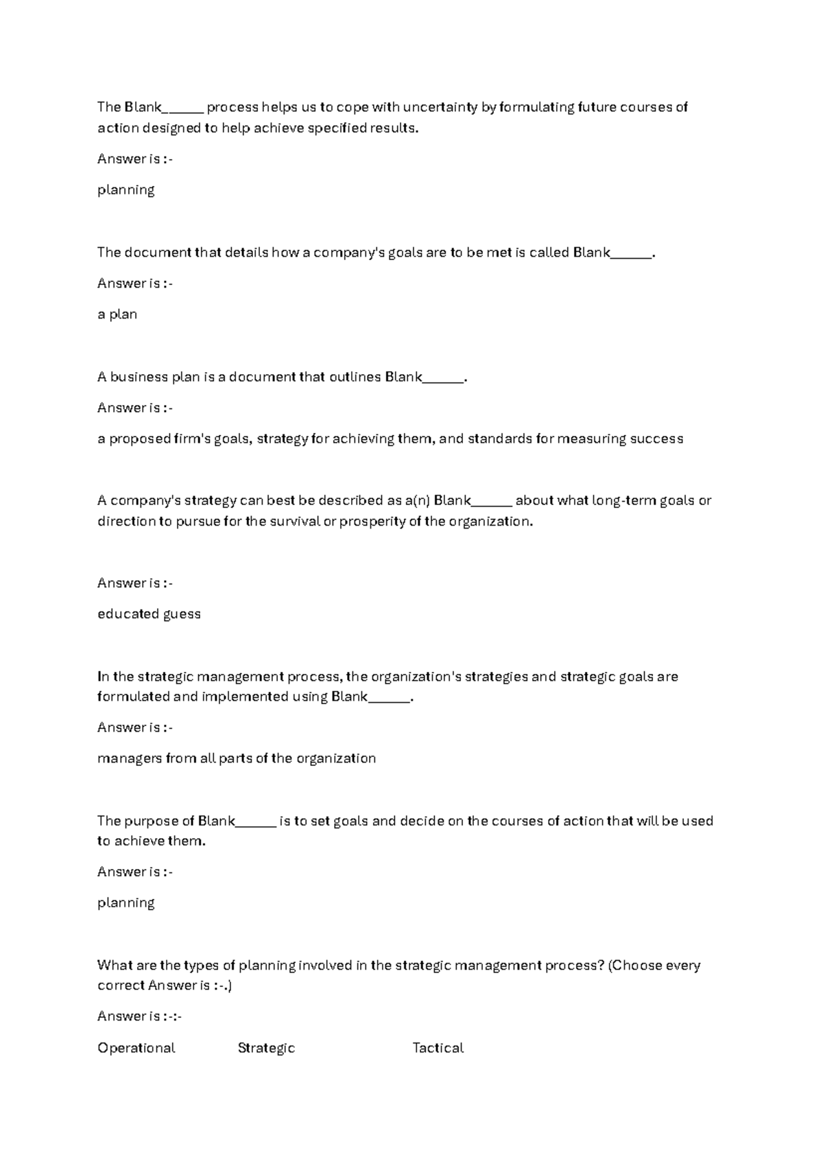 Strategic Planning Essentials - QA for BUS 101 Final Exam - Studocu