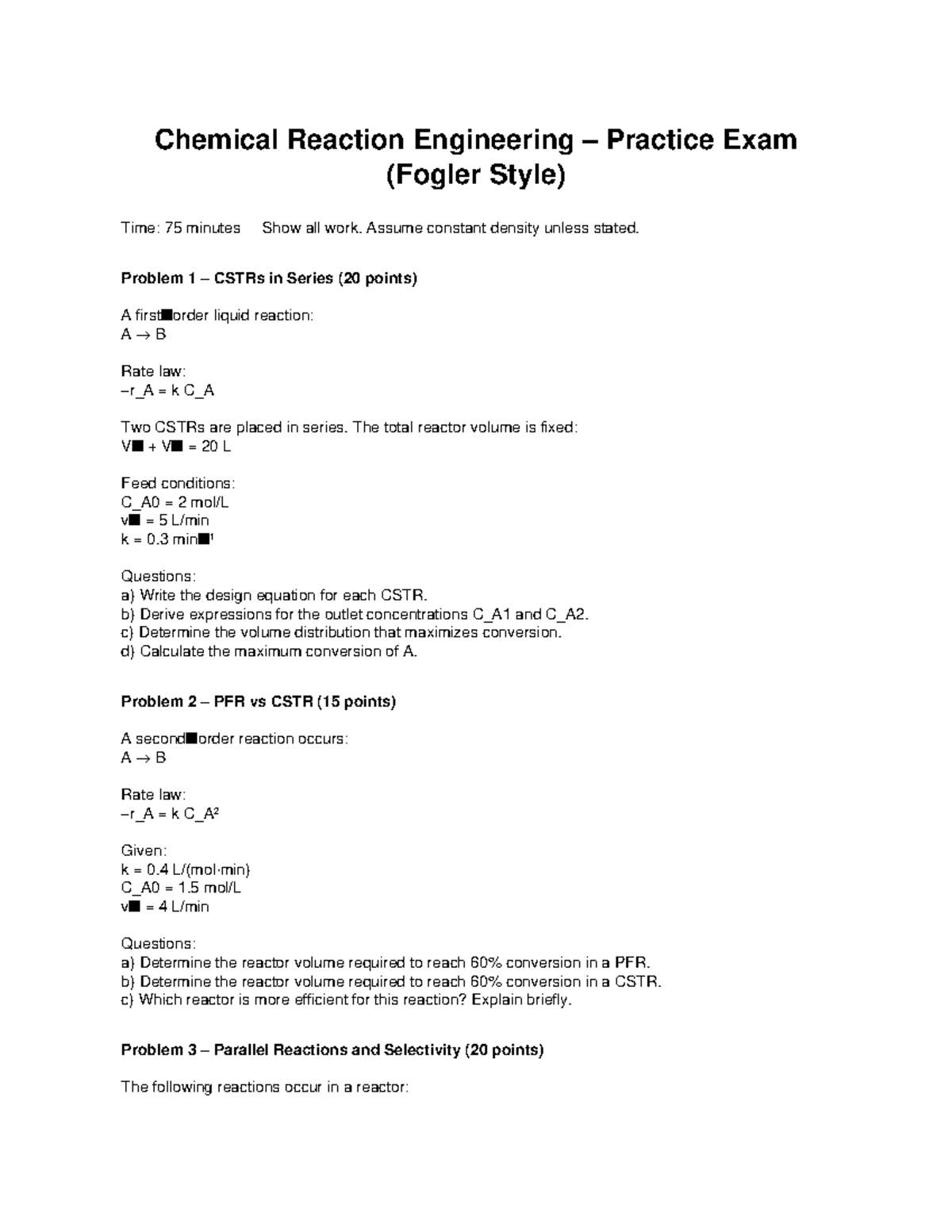 Chemical Reaction Engineering Practice Exam (CENG 301) - Studocu