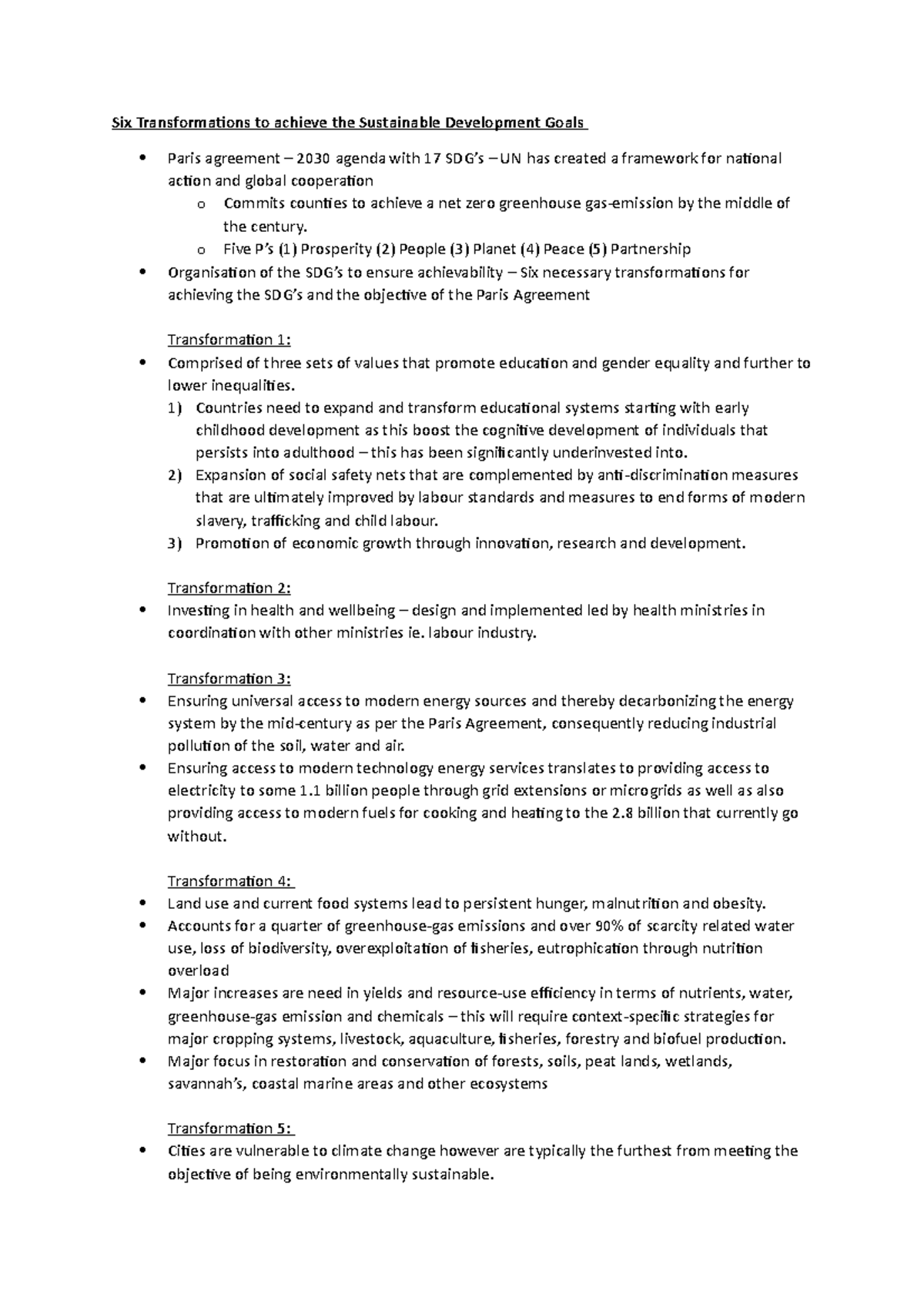 Six Transformations for Sustainable Development Goals (SDGs) - Studocu