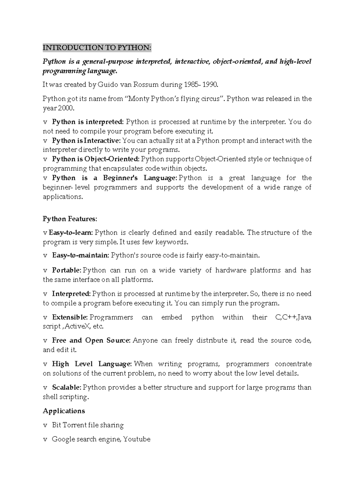 Unit-2: Introduction to Python Programming - Lecture Notes - Studocu