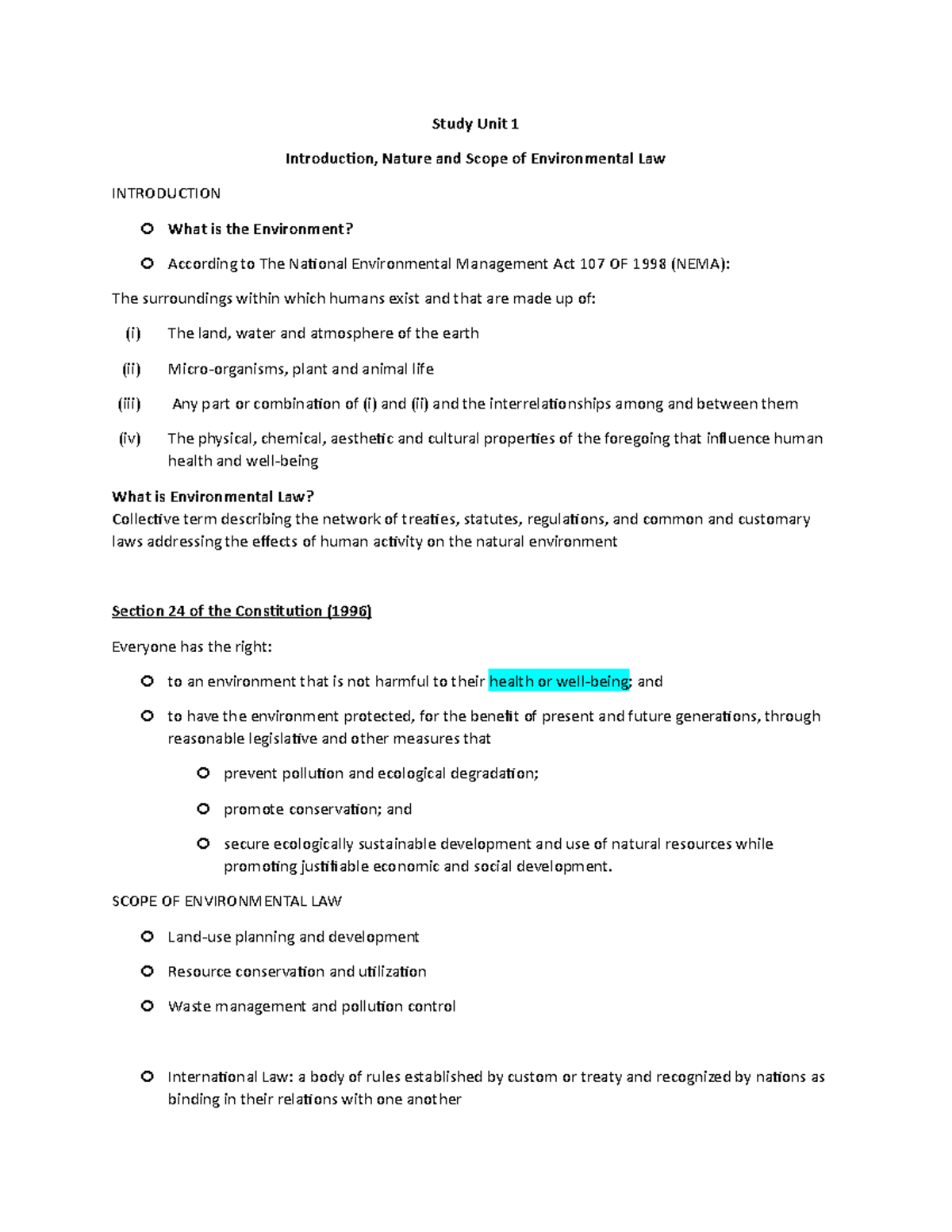 Study Unit 1: ENV - Introduction to Environmental Law Concepts - Studocu
