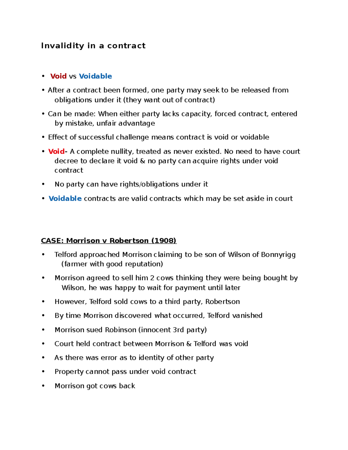 Contract Notes 5 - Invalidity in a contract Void vs Voidable After a ...