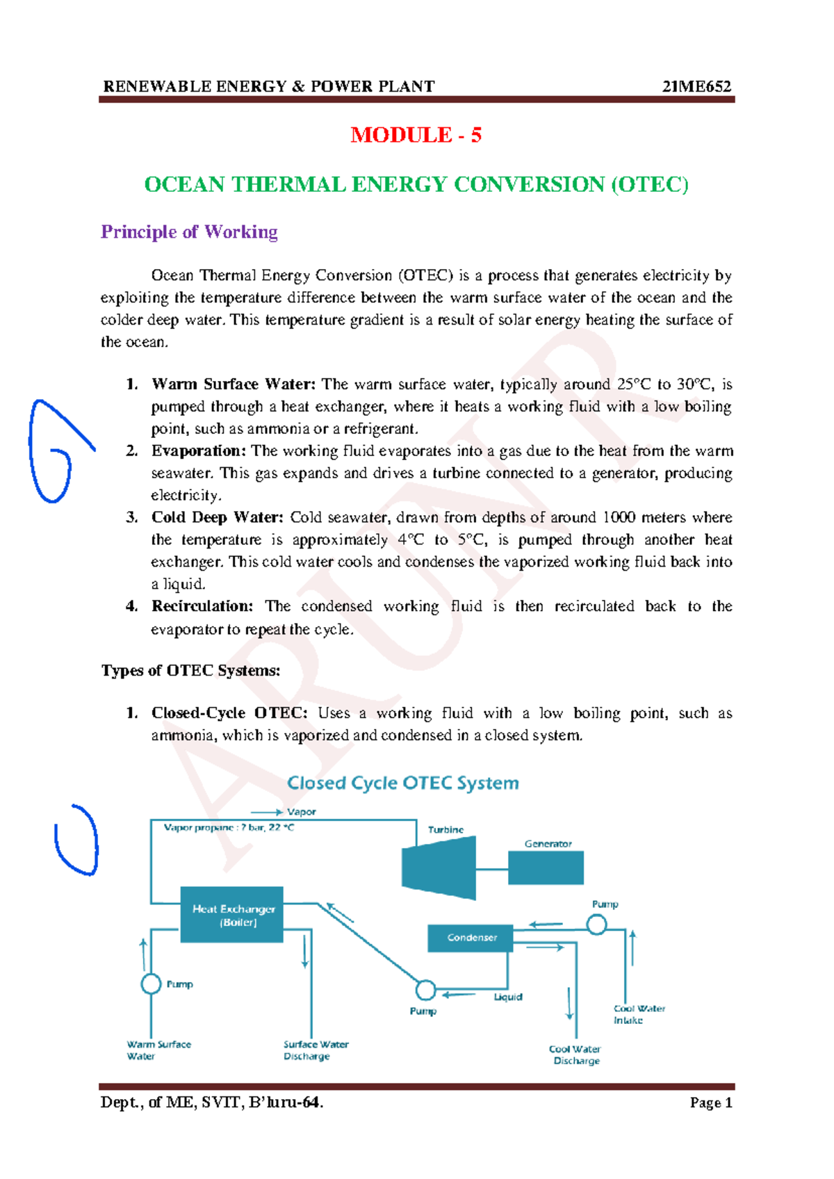 Ocean Thermal Energy Conversion (OTEC) - 21ME652 Module 5 Notes - Studocu