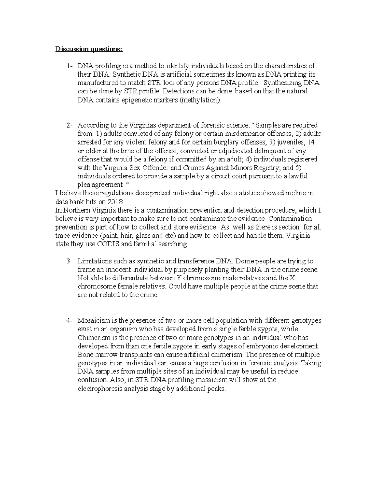 assignment 1 discussion answers - Discussion questions: 1- DNA ...