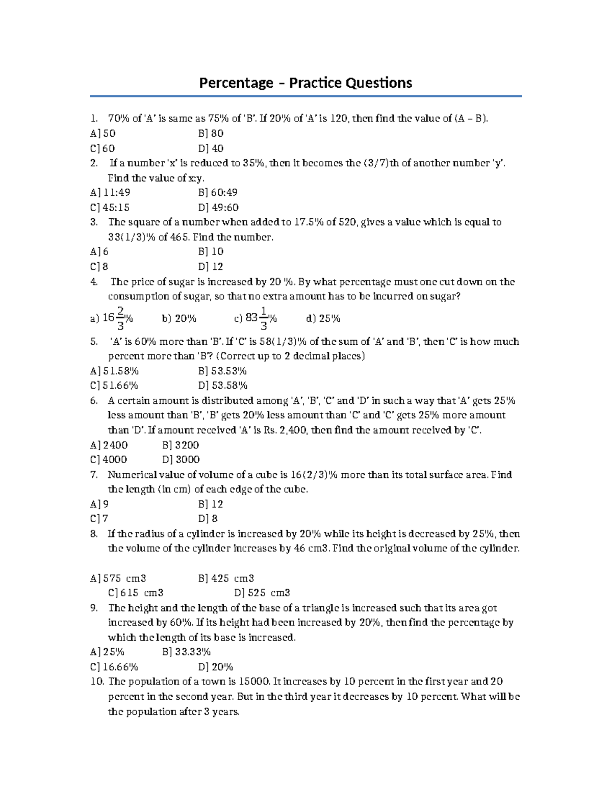 Percentage Practice Questions - Practice Set 1 - Studocu