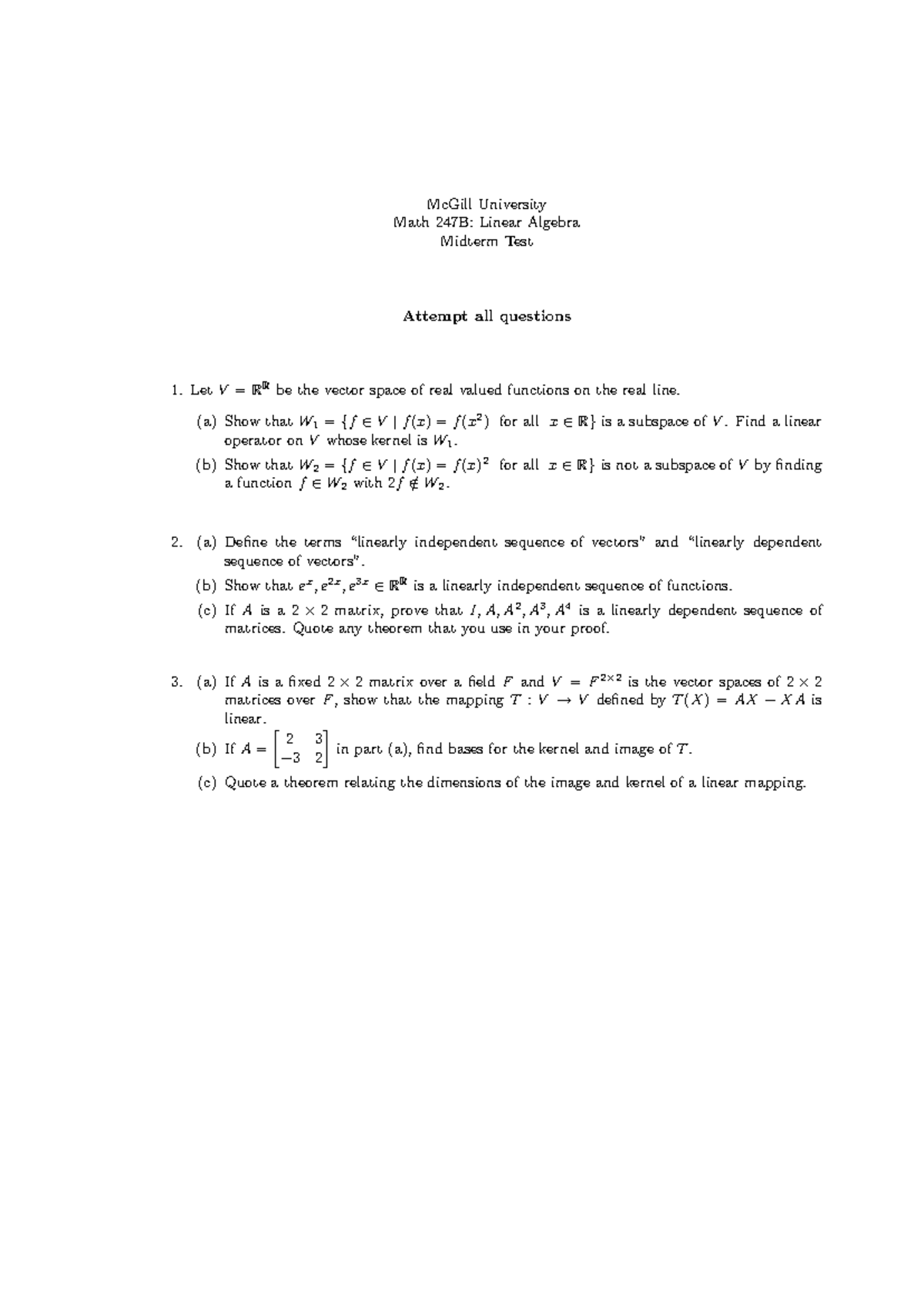 McGill University Math 247B: Linear algebra midterm test notes - Studocu