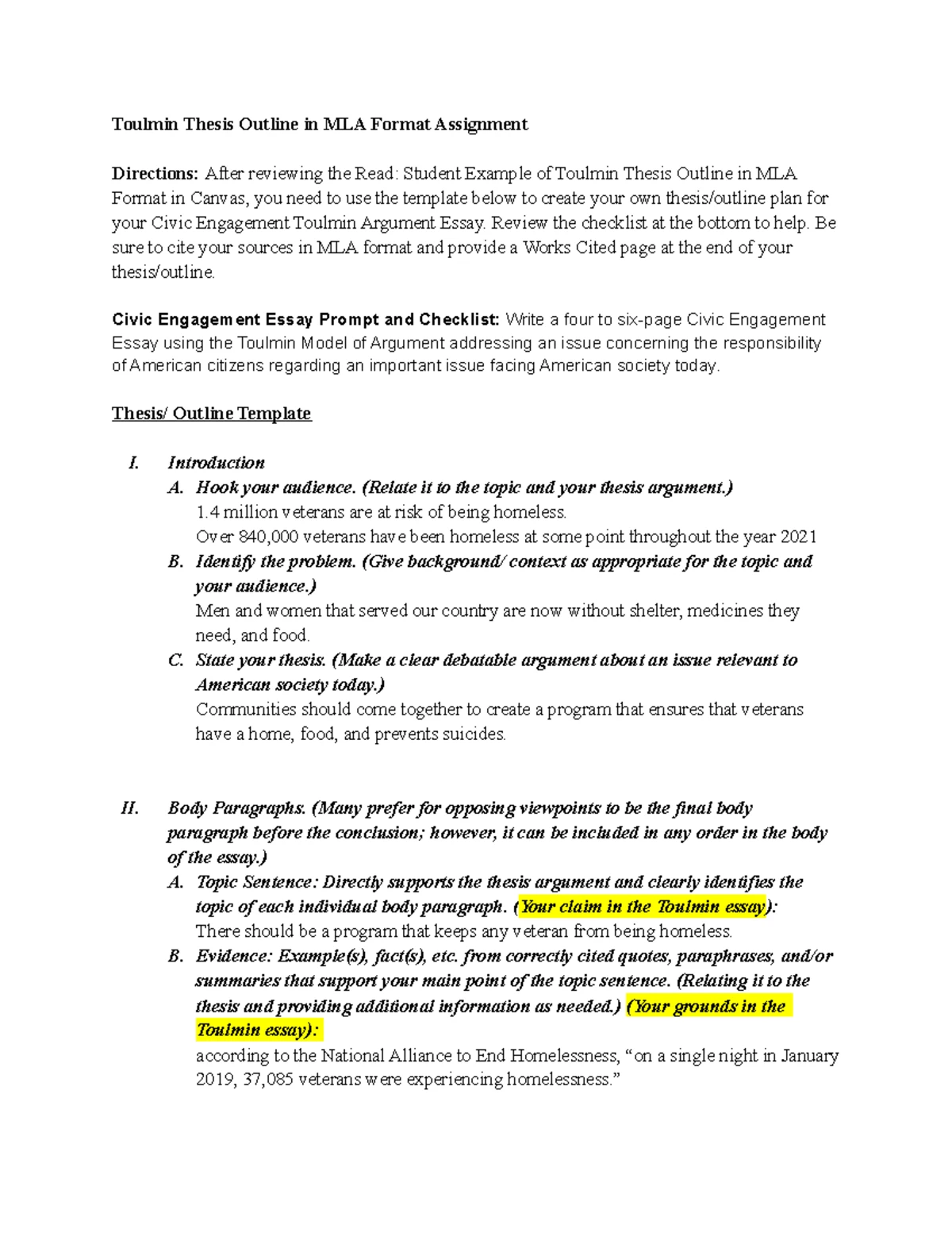 Civic Engagement Essay First Draft Checklist Assignment - Civic ...