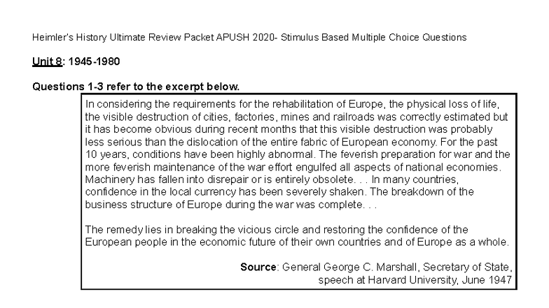 Unit 8 History Practice Questions - Focus on Post-WWII Developments ...