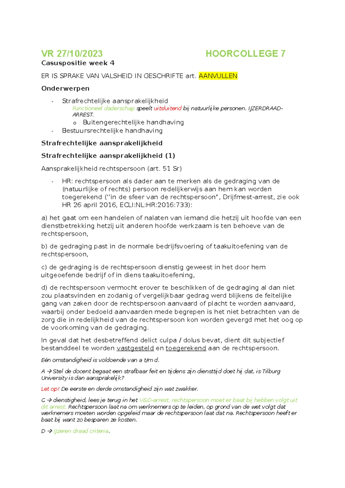 Fin.-eco. strafrecht Hoorcolleges Samenvatting Week 1 & 2 2021 - Studeersnel