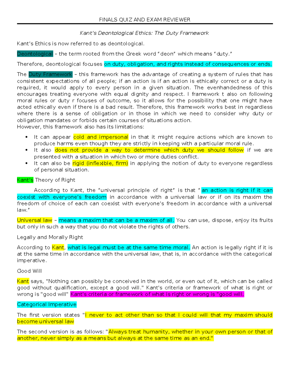 Finals EXAM AND QUIZ Reviewer - Kant’s Deontological Ethics: The Duty ...