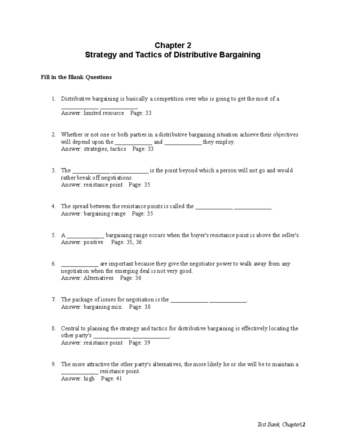Test Bank for Chapter 2: Strategy & Tactics of Distributive Bargaining ...