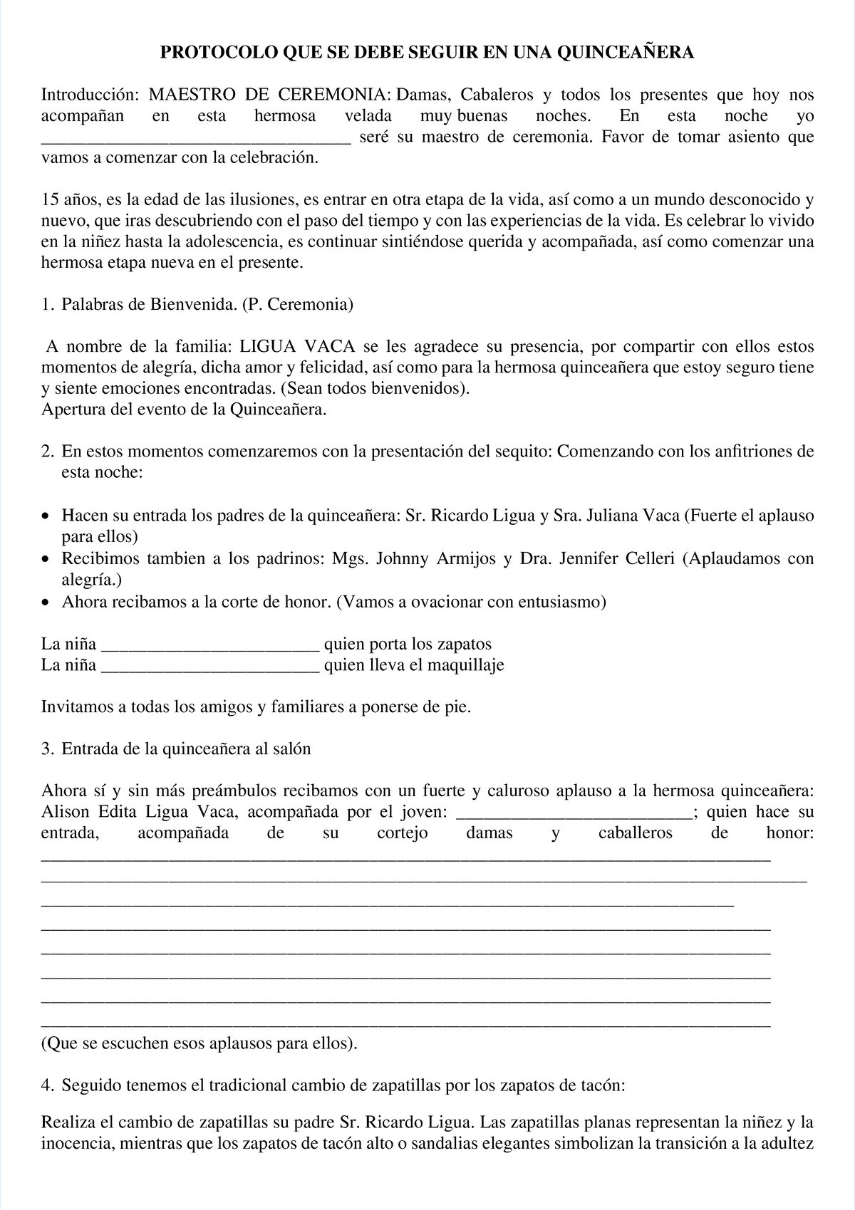 Protocolo para Celebración de Quince Años - Alison Ligua Vaca - Document Preview