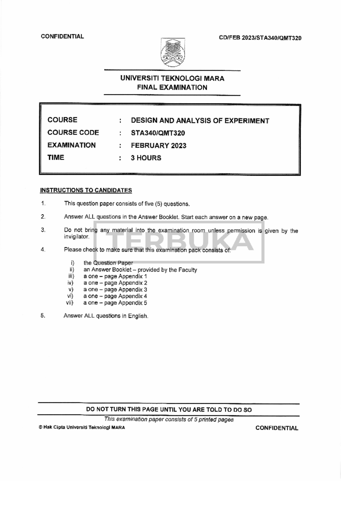 STA340 Feb2023 - past year - CONFIDENTIAL UNIVERSITI TEKNOLOGI MARA ...