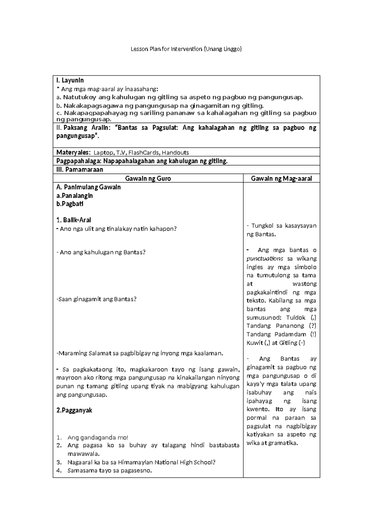 Lesson Plan for Intervention (Unang Linggo) - Gitling sa Pangungusap ...
