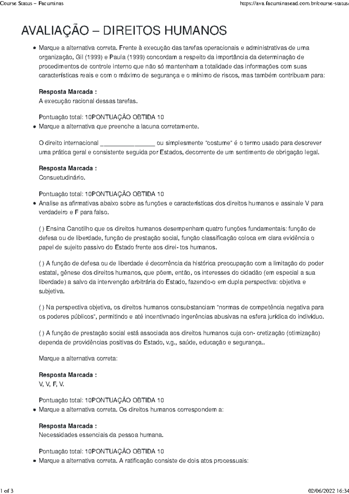 Prova direitos humanos - AVALIAÇÃO – DIREITOS HUMANOS Marque a ...
