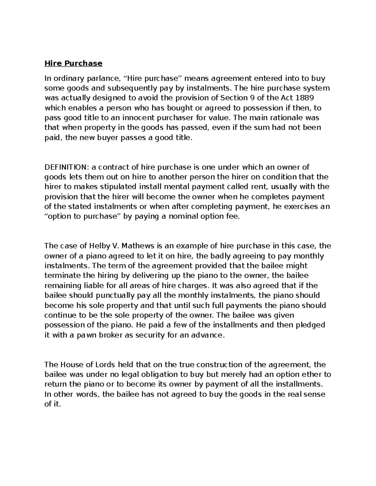Hire Purchase Agreements: Key Principles and Legal Considerations - Studocu