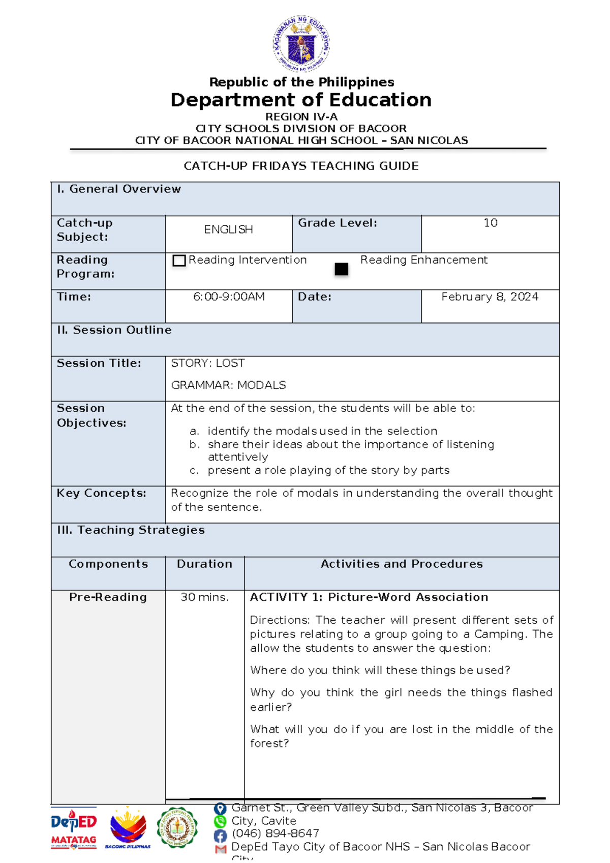 Catch-Up Teaching Guide: English Enhancement (Grade 10, Feb 2024) - Studocu