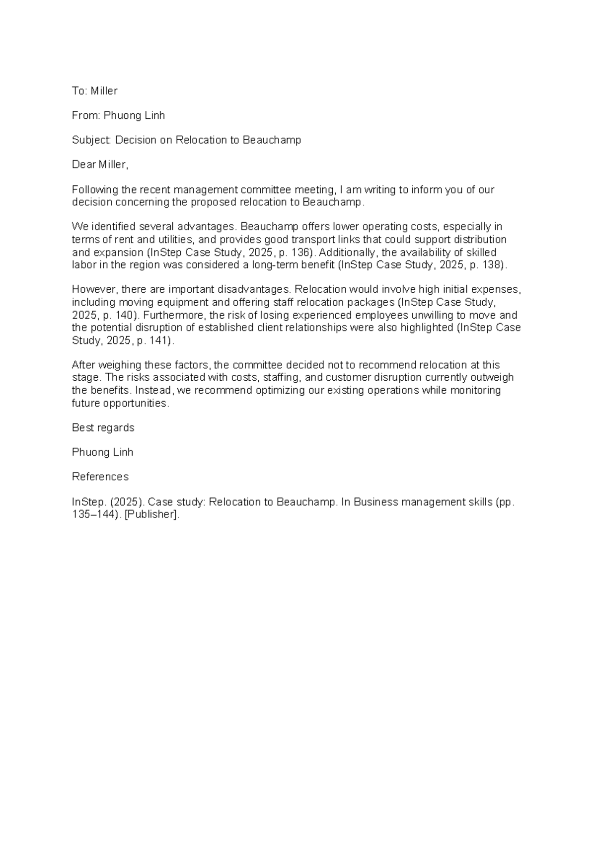 InStep Case Study: Decision on Relocation to Beauchamp - Studocu