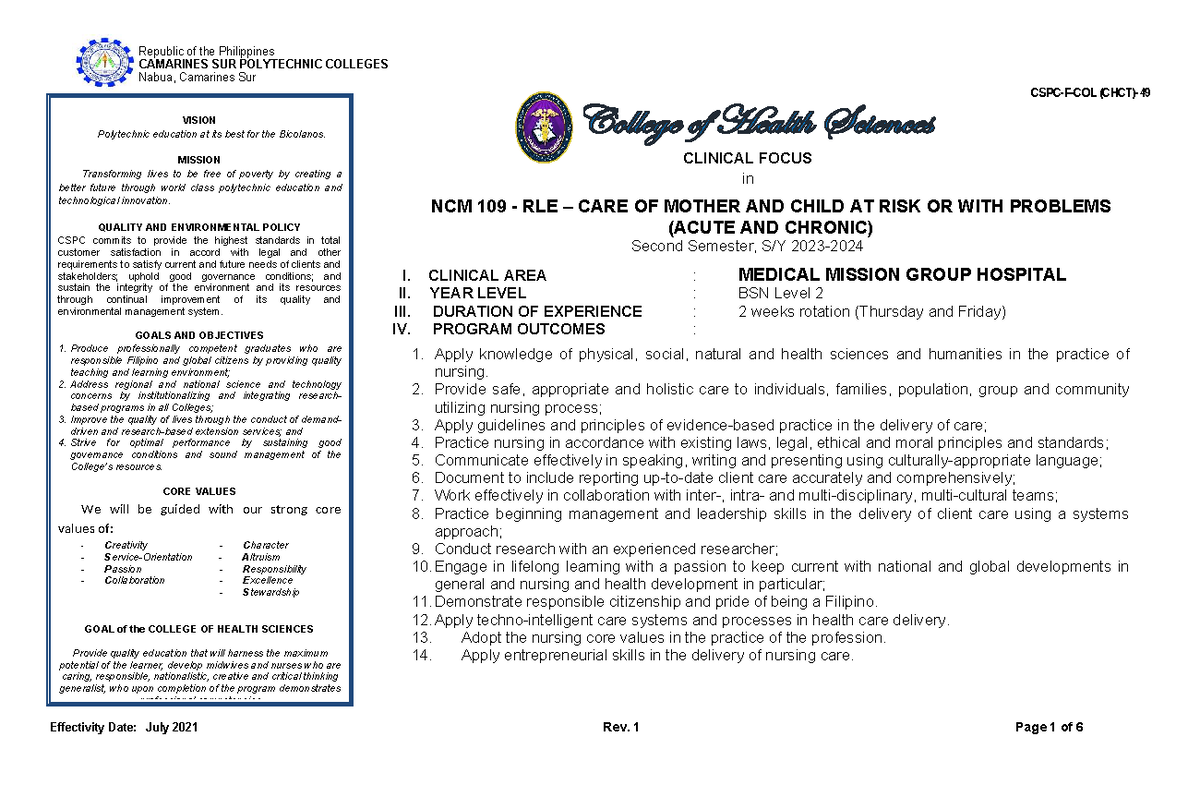 RLE NCM 109: Care of Mother and Child at Risk - Clinical Focus 2023-24 ...
