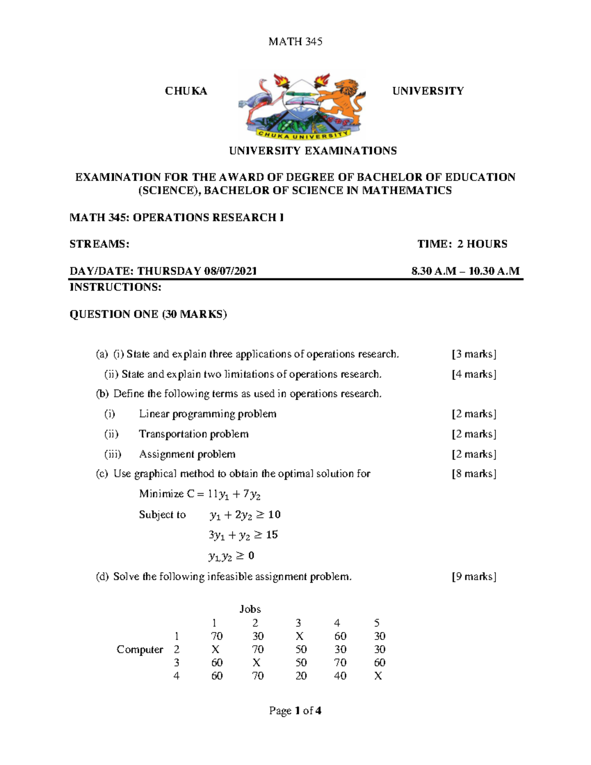 MATH 345 - Operations Research I Exam Paper - July 2021 - Studocu
