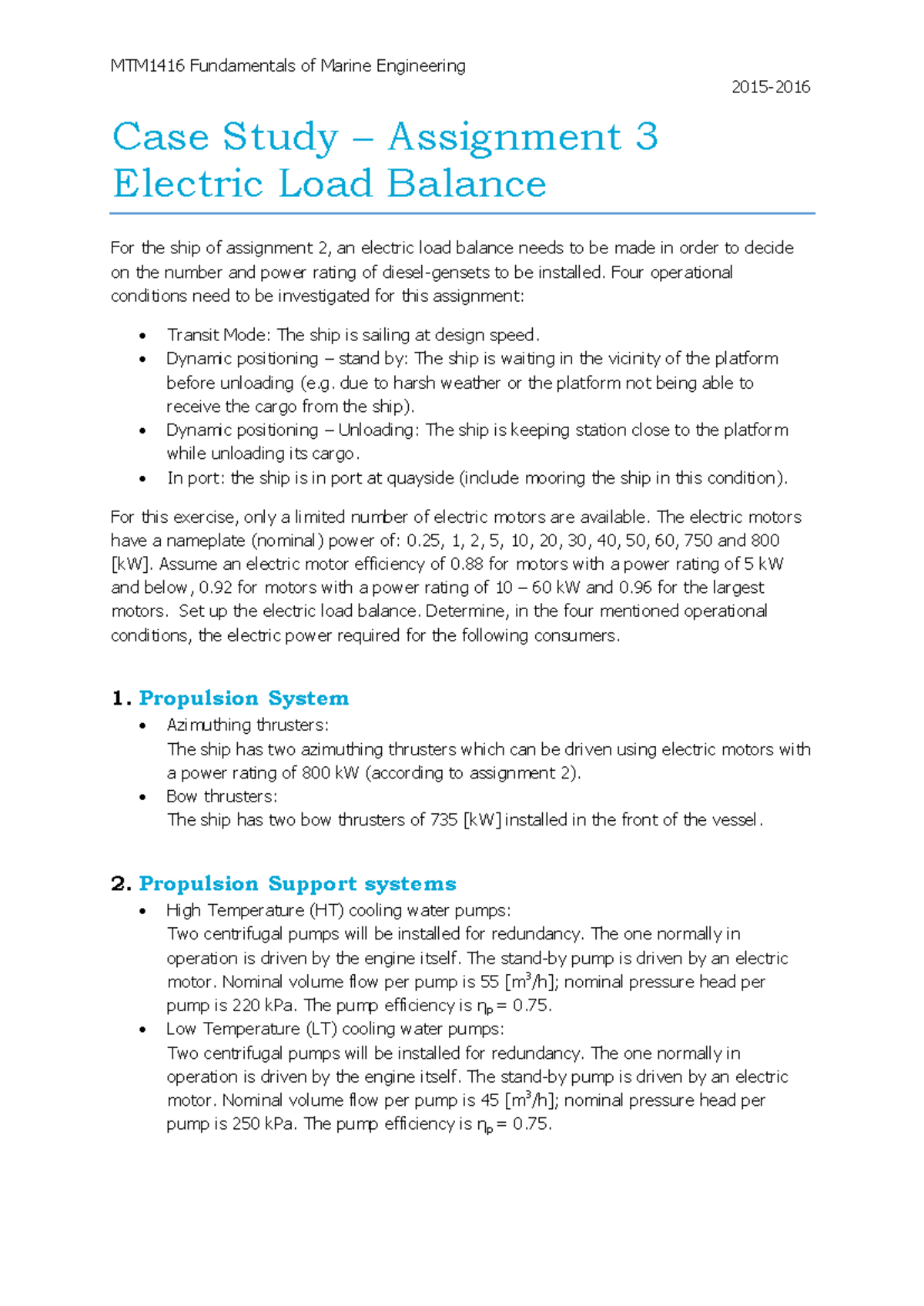 MTM1416 Case Study: Electric Load Balance for Marine Engineering ...