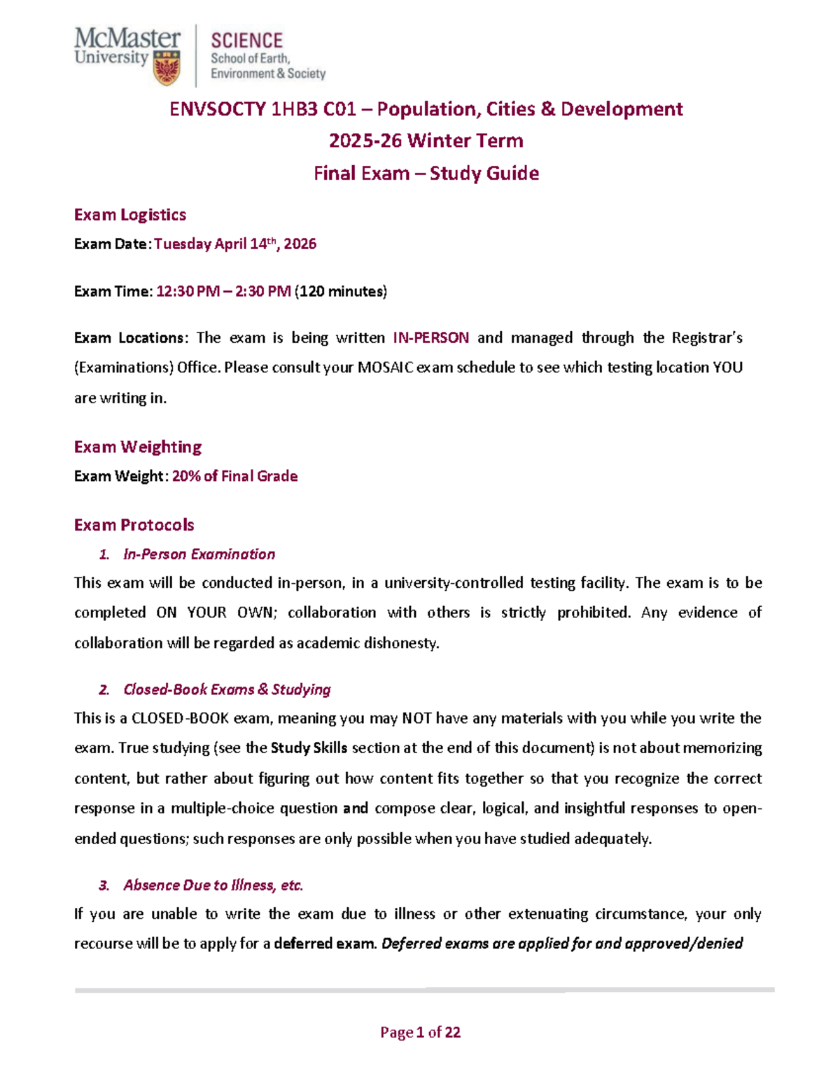 ENVSOCTY 1HB3 C01 Winter 2026 Final Exam Study Guide - Studocu